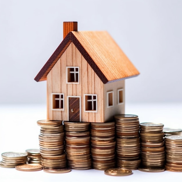 A small wooden house sits on a pile of coins.