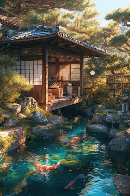 A small wooden house surrounded by maple trees and rocks with an autumn pond in the foreground full