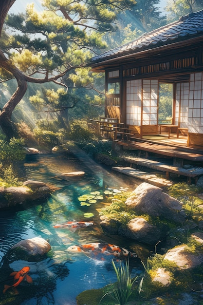 A small wooden house surrounded by maple trees and rocks with an autumn pond in the foreground full