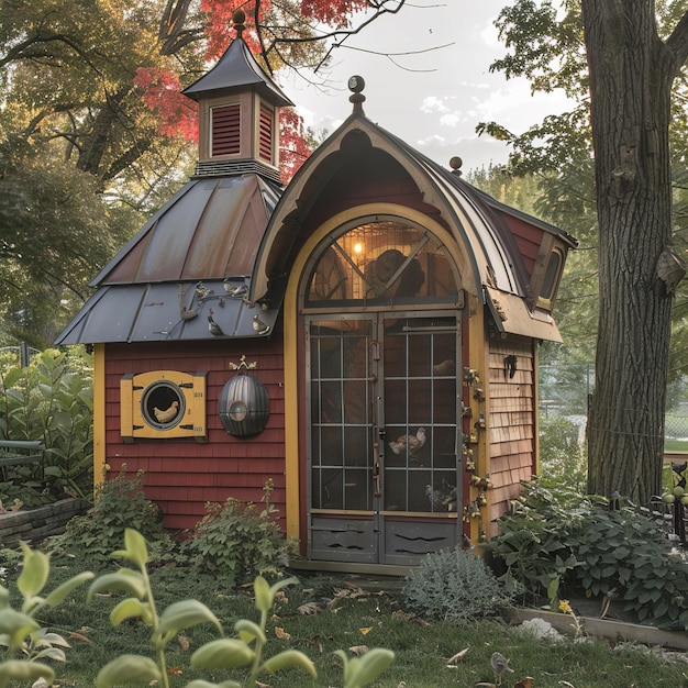 a small wooden house with a clock on the front and the door is a little house with a clock on the front