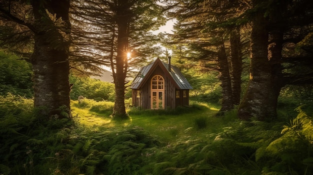 A small wooden house in the woods with the sun shining through the trees