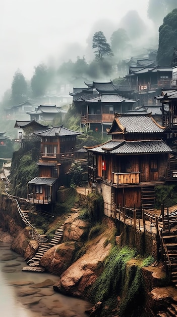 Small Wooden Houses in Small Mountain Villages in China in the Rain