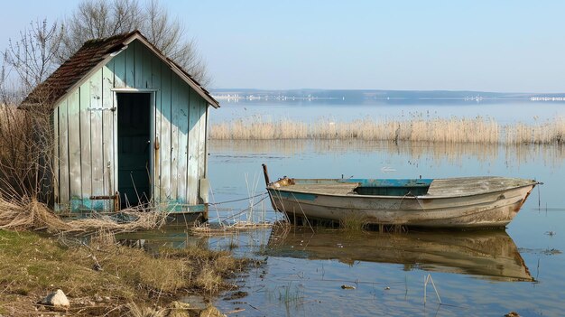 Foto piccola capanna di legno sulla riva del lago con una barca che galleggia accanto ad essa l'acqua è calma e ancora riflette il cielo sopra