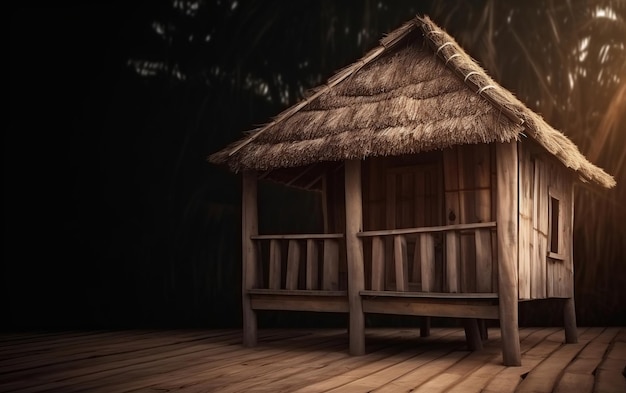 Photo a small wooden hut with a thatched roof sits in the dark.