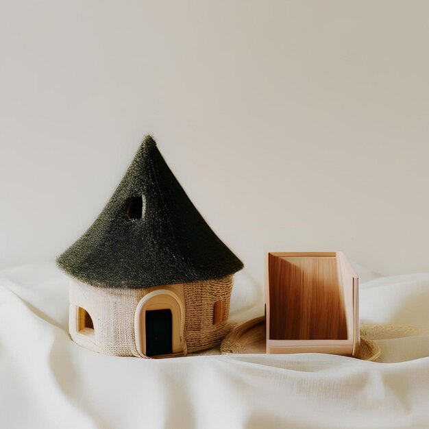 黒い屋根の小さな木製のモデルハウスと,その上に小さな家.