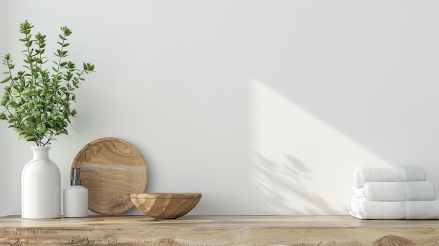写真 白い壁の浴室のフロントテーブルにある小さな木製の皿とタオルaiが生成した画像