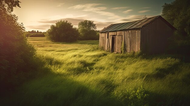 A small wooden shed in a field with the sun setting behind it.