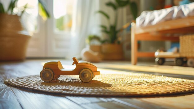 小さな木製のおもちゃ車が子供の部屋の床に横たわっていますコピースペース
