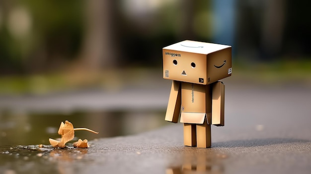 Small wooden toy robot danbo lonely isolated alone sad character