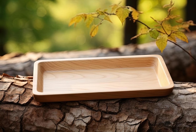 Photo a small wooden tray sitting on top of wood in the style of rectangular fields