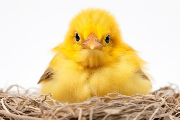 a small yellow bird sitting in a nest