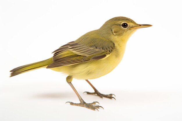 a small yellow bird standing on a white surface