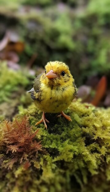 A small yellow bird with a black beak and orange feet sits on a mossy surface.