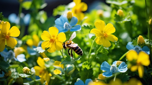 写真 背景に小さな黄色の明るい夏の花と蜂