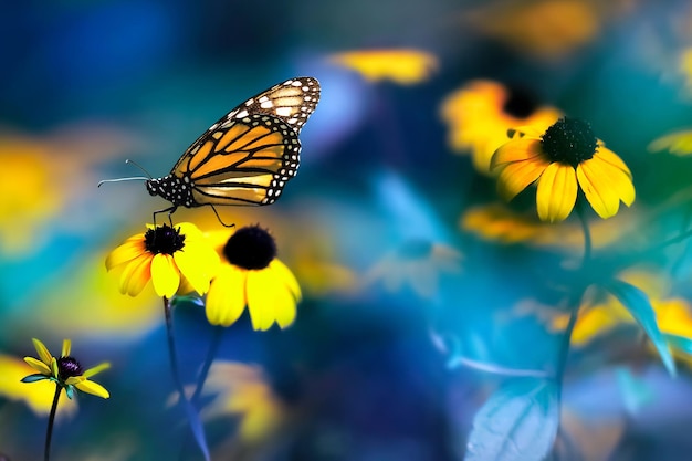 Small yellow bright summer flowers and nonarch butterfly on a\
background of blue and green foliage in a fairy garden macro\
artistic image banner format