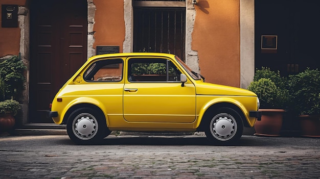 Foto piccola macchina gialla parcheggiata di fronte a un edificio