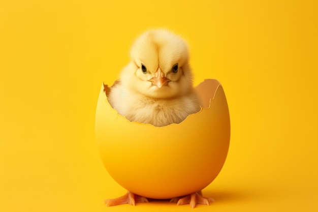 Small yellow chicken in a shell on yellow background generative by ai