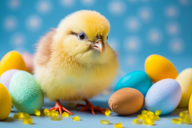 Small yellow chicken standing next to eggs on blue and yellow background Generative AI