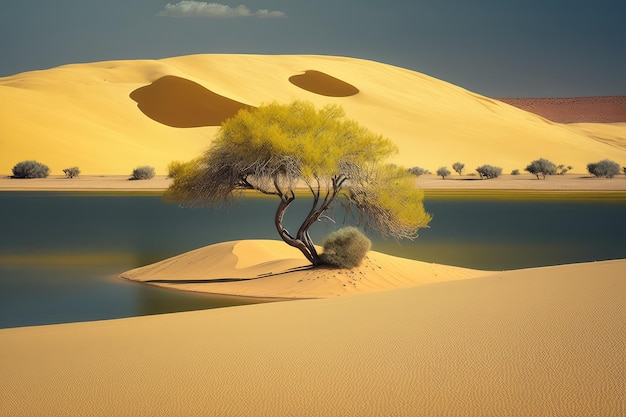 Small yellow desert sand dune on shore of lonely lake in the desert