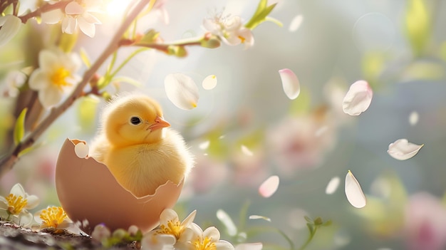 Photo a small yellow easter chicken in an eggshell among flowers on a spring background