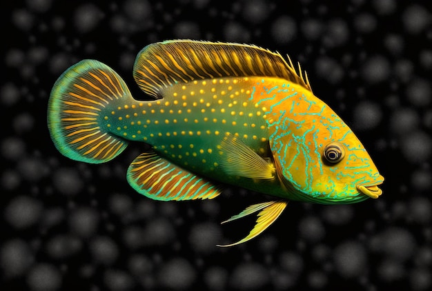 Маленькая желтая рыба под названием талассома паво богато украшенный губан