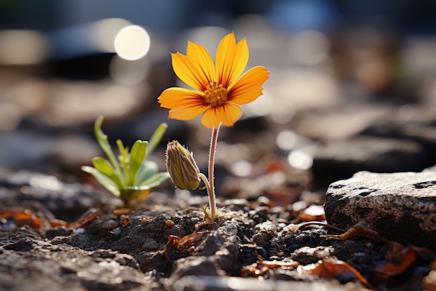 a small yellow flower growing out of the ground