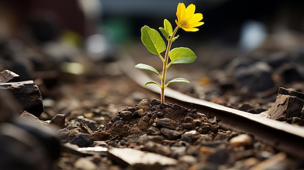 a small yellow flower is growing out of the ground