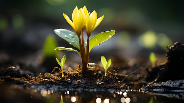 a small yellow flower is growing out of the ground