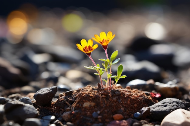 a small yellow flower is growing out of the ground