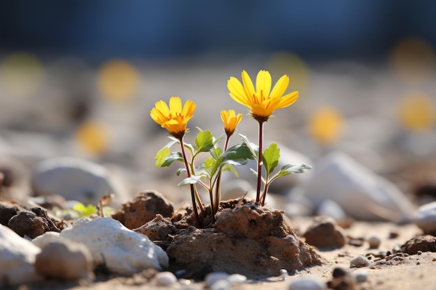 a small yellow flower is growing out of the ground