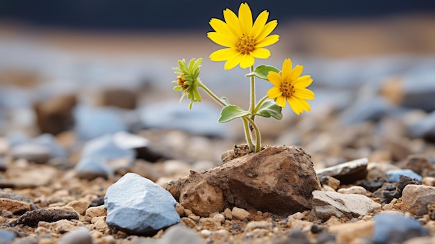 a small yellow flower is growing out of a rock