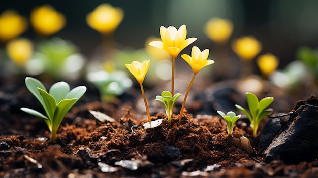 Foto piccoli fiori gialli che crescono dal terreno