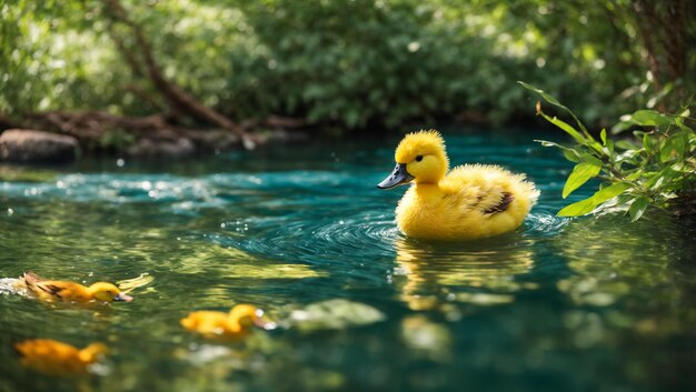 a small yellow fluffy duckling carelessly swims along a quiet river