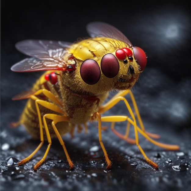 Photo small yellow fly scorpion close up in focus at midnight