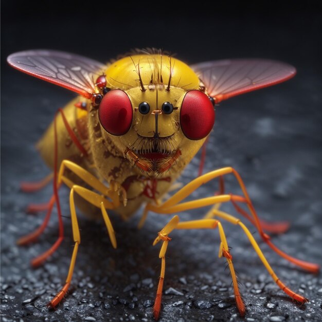 Small yellow fly scorpion close up in focus at midnight