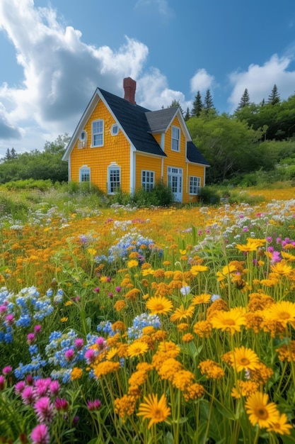 Small yellow house in a field of flowers