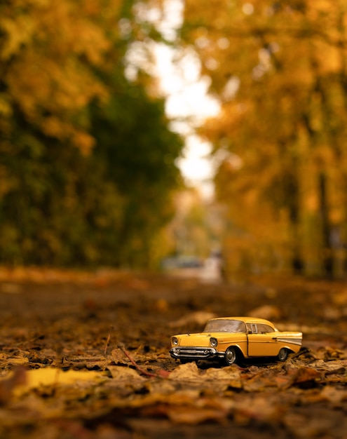 A small yellow model of an old car against the background of an autumn yellow landscape. High quality photo