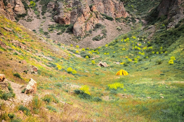 A small yellow tourist tent stands in a gorge in harmony with the surrounding nature Big copy space