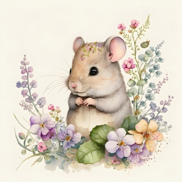 Small young mouse is sitting in field among wildflowers and grass Watercolor illustration