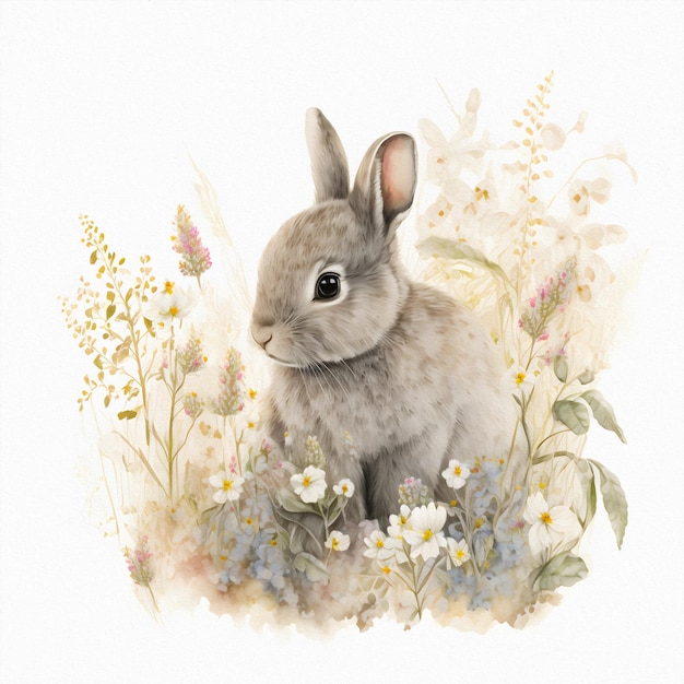 Photo small young rabbit is sitting in field among wild flowers and grass watercolor illustration