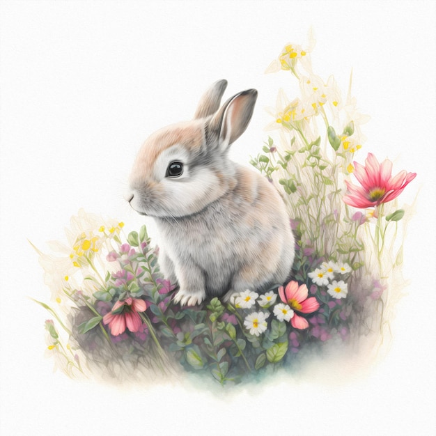 Small young rabbit is sitting in field among wild flowers and grass Watercolor illustration