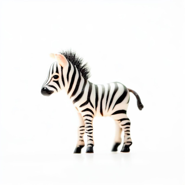 A small zebra is standing in front of a white background.