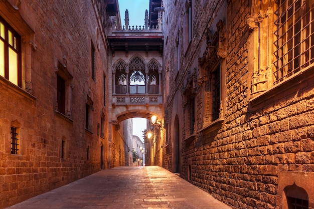 Smalle geplaveide middeleeuwse Carrer del Bisbe-straat met Brug der Zuchten in de Gotische wijk van Barri in de ochtend Barcelona Catalonië Spanje