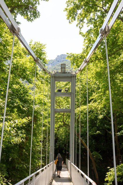 Foto smalle hangbrug over de rivier de pineios griekenland tempi-vallei thessalië bomen achtergrond