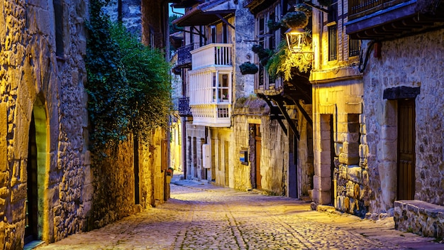 Smalle stenen oude stadssteeg met geplaveide straatjes. Santillana del Mar.