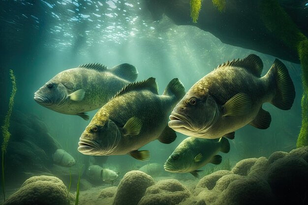 ジェネレーティブ AI によるコクチバスの魚の水中の緑豊かな自然