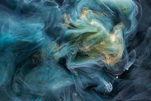 Smaragd sprankelende abstracte achtergrond luxe goud rook acrylverf onderwater explosie kosmische wervelende aquamarijn inkt