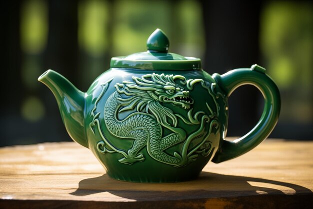 Foto smaragdgroene draak symbool op traditionele chinese theepot op de tafel