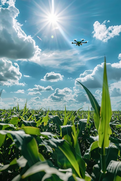 Foto una scena di agricoltura intelligente con sensori e droni che monitorano la salute delle colture e i livelli di irrigazione in un