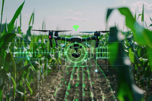 Foto una scena di agricoltura intelligente con sensori e monitoraggio della salute delle colture e dei livelli di irrigazione in un campo